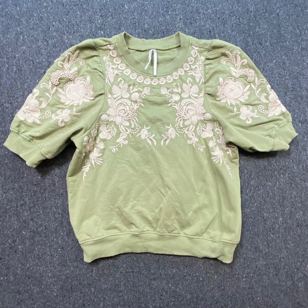 Anthropologie Olive Green Embroidered Puff Sleeve Crewneck Sweater